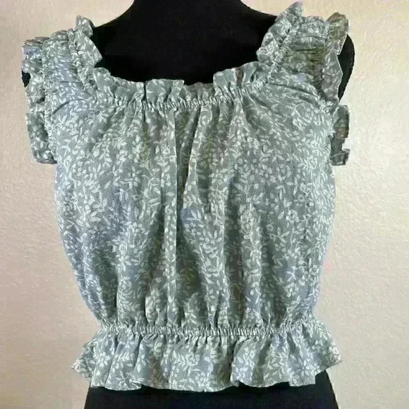 Storia green white floral smocked shirred ruffle cropped top women size medium - Picture 2 of 8